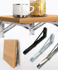 Heavy Duty 8 Inch Folding Shelf Brackets Set Of 6 with triangle reinforced system under wooden shelf holding cup and jar