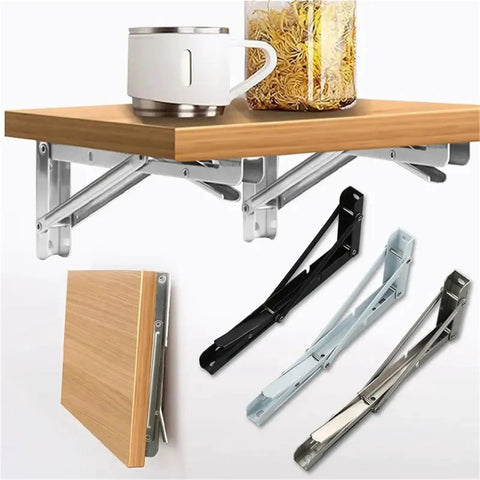 Heavy Duty 8 Inch Folding Shelf Brackets Set Of 6 with triangle reinforced system under wooden shelf holding cup and jar