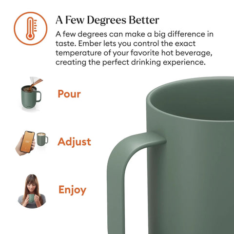 Keep Your Coffee Piping Hot With This App Controlled Smart Mug Featuring A 14Oz Rechargeable Heated Warmer Crisp LED Panel and On Point Temp Controls. Fresh sage green ceramic mug with a comfortable handle.