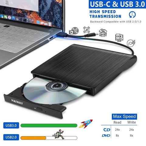 External USB 3.0 Type-C CD DVD Drive for PC and Mac Black Portable Burner with Fast Read and Write Speeds Backward Compatible with USB 1.0 to 2.0 Plug and Play Slim Durable Multisystem Compatibility, black slim disc drive connected to a laptop