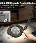 Hands Free Desk Magnifier With Light 15X And 10X Zoom, 84 LED Real Glass Lens showing adjustable arm and control buttons