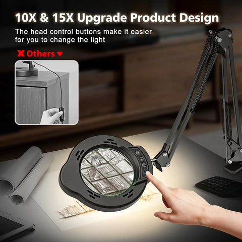 Hands Free Desk Magnifier With Light 15X And 10X Zoom, 84 LED Real Glass Lens showing adjustable arm and control buttons