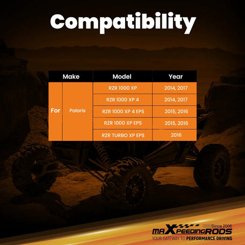 Compatibility chart for Polaris RZR XP 4 1000 EPS Turbo Rear Radius Bars Upgrade For 14 17 High Clearance Beefed Up Off Road Suspension Easy Install Fits 10mm Bolts Durable Rear Linkage Support For Rough Trails, for 2014-2017 models