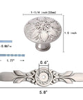 Round Drawer Pulls With Backplates Ten Pack One And One Quarter Inch Knob And Five And Four Fifths Inch Plate Silver Brushed Nickel Cabinet Hardware For Kitchen Cabinets Dresser Wardrobe Farmhouse Decor With Decorative Flower Motifs, detailed knob and plate dimensions.