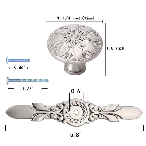 Round Drawer Pulls With Backplates Ten Pack One And One Quarter Inch Knob And Five And Four Fifths Inch Plate Silver Brushed Nickel Cabinet Hardware For Kitchen Cabinets Dresser Wardrobe Farmhouse Decor With Decorative Flower Motifs, detailed knob and plate dimensions.
