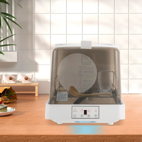 Game Changing Portable Countertop Dishwasher With Automatic Wash Cycle And Space Saving Build, compact design on wooden counter.