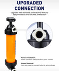 SMART JERRY hand siphon pump for gasoline, orange body with white connector (side view)