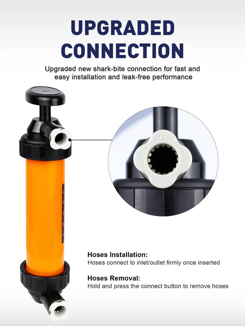 SMART JERRY hand siphon pump for gasoline, orange body with white connector (side view)