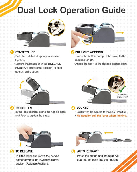 Instructional guide for using 2 Pack Stainless Steel Retractable Ratchet Straps 1 7/8 In x 4 Ft with dual lock feature