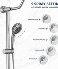 Rain Shower System With Eight Inch Rain Head And Handheld, Pro Grade Five Function Shower Spray, Adjustable Slide Bar