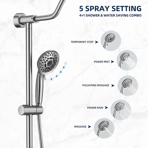 Rain Shower System With Eight Inch Rain Head And Handheld, Pro Grade Five Function Shower Spray, Adjustable Slide Bar