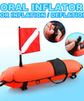 High Visibility Spearfishing Buoy Torpedo Float With Dive Safety Flag And 82 Foot Rope Inflatable Surface Signaling Float. Orange buoy with dive flag and inflator.