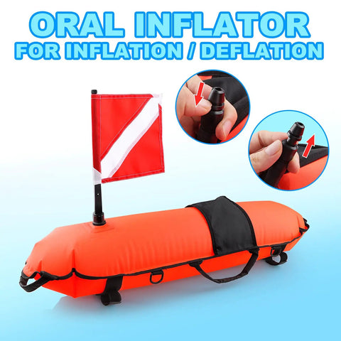High Visibility Spearfishing Buoy Torpedo Float With Dive Safety Flag And 82 Foot Rope Inflatable Surface Signaling Float. Orange buoy with dive flag and inflator.