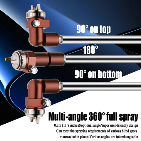 Heavy Duty Extension Pole Spray Gun With Pressure Feed Paint Sprayer And Adjustable Nozzle showing various nozzle angles for versatile spray coverage.