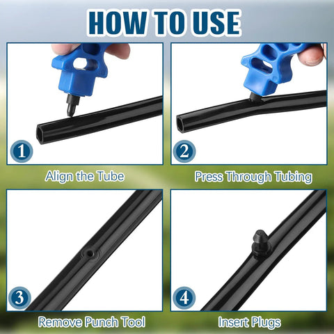 Drip Irrigation Hole Punch Tool For One Quarter Inch Fittings With 50 Goof Plugs in use, showing punching and insertion process
