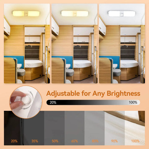 Interior RV Dome Lights Kit With 1700 Lumen Output, 3 Color Modes, 12V LED, showing adjustable brightness settings in an RV