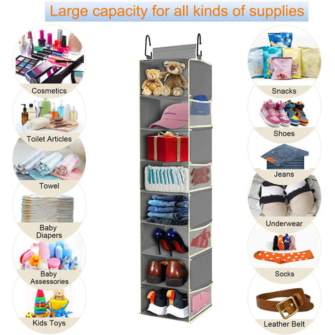 Ultimate 8 Shelf Hanging Shoe Organizer with items like toys, towels, and shoes in a grey 9W 11.8D 48H rack for closets.