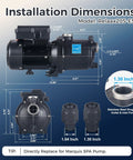 Dimensions and features of Spa Massage Pump 1.5HP For Marquis Spa Dual Voltage 230V Or 115V OEM Model Relaax205-ES
