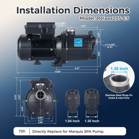 Dimensions and features of Spa Massage Pump 1.5HP For Marquis Spa Dual Voltage 230V Or 115V OEM Model Relaax205-ES