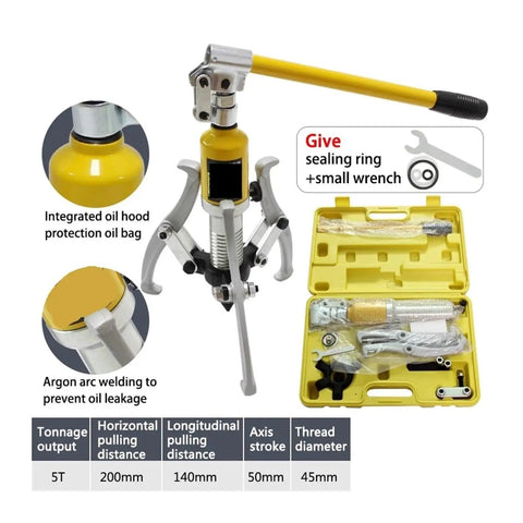 Heavy Duty 5 Ton Hydraulic Puller With Interchangeable Two And Three Jaw Claws For Bearing Removal And Hub Extraction, features integrated oil hood.