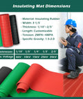 Built Tough Pro Grade Heavy Duty Rubber Insulating Mat, Striped High Voltage Safety Floor Guard For Substations And Power Plants, Hardcore Electric Shock Protection Pad In Bold Red with detailed dimensions.