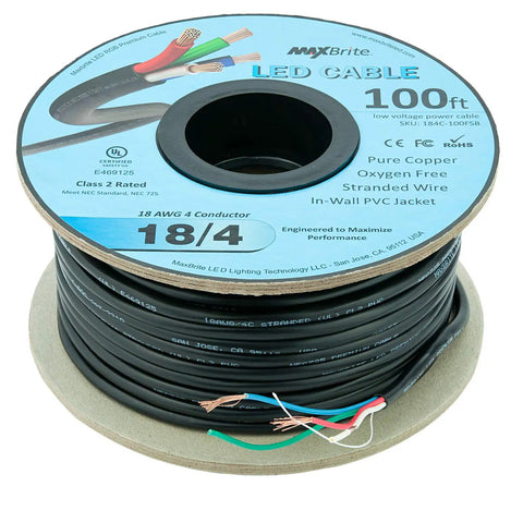 100 Ft 18 AWG Low Voltage LED Cable Four Conductor In Wall RGB Wire With Black Jacket UL Listed Class 2 Rated Spool