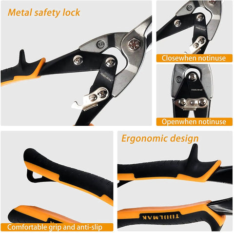 Premium 10 Inch Straight Cut Aviation Snips Rips Sheet Metal Like Butter Chrome Vanadium Steel 62HRC Hardness Non Slip Rubber Grip Bi Color Handle Heavy Duty Metal Cutter Built Tough Knuckle Saver