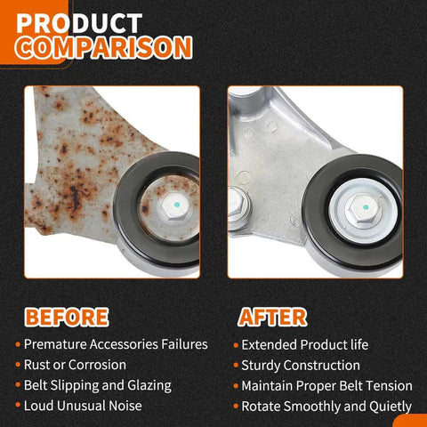 Product comparison showing rusted and new Serpentine Belt Tensioner Assembly With Belt For 2001 2010 Toyota Camry Solara RAV4 Highlander Scion Tc 2.4L L4 Replacement Kit 166200W110 16620-0V020 Direct Fit Premium Quality