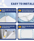 Step-by-step guide to installing adjustable bed sheet straps with elastic fasteners and metal clips fitted sheet corner holders.