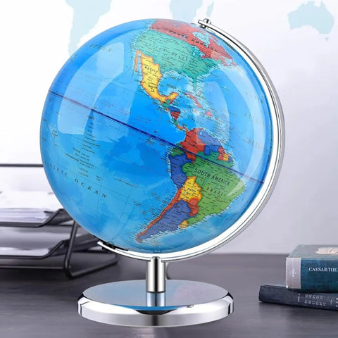 8 Inch Blue World Globe With Stainless Steel Stand, Rotating Earth Spinning Globe For Kids, Classroom Geography Learning Tool