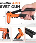 Heavy Duty Four In One Rivet Gun Kit with 200 Rivets shown with ergonomic grips and interchangeable nosepieces.