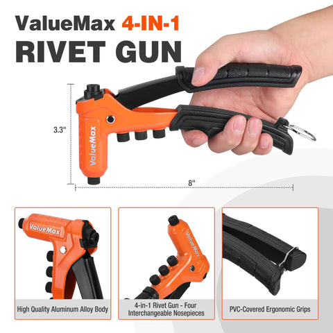 Heavy Duty Four In One Rivet Gun Kit with 200 Rivets shown with ergonomic grips and interchangeable nosepieces.