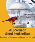 Clear Dome Bird Feeder Rain Guard Ten And A Half Inch Weather Shield protecting hanging feeder from snow with red bird