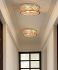 Rustic Farmhouse 3 Light Flush Mount Ceiling Light With Metal Cage Drum Shade, 17 Inch, installed in hallway ceiling