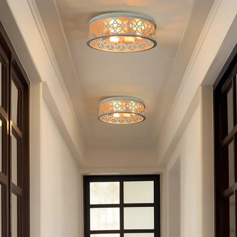 Rustic Farmhouse 3 Light Flush Mount Ceiling Light With Metal Cage Drum Shade, 17 Inch, installed in hallway ceiling