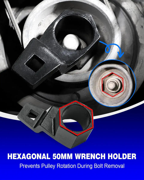 Image of No Nonsense Pro Grade Harmonic Balancer Socket 19mm and 50mm Crank Pulley Wrench Holder Kit showing hexagonal 50mm wrench holder.