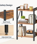 Rock Solid 3 Tier Industrial Bookshelf Featuring Dark Wood Grain Shelves, Slim Metal Frame with adjustable feet and back panel
