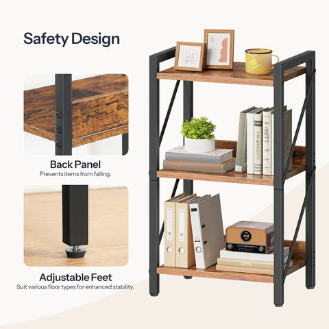 Rock Solid 3 Tier Industrial Bookshelf Featuring Dark Wood Grain Shelves, Slim Metal Frame with adjustable feet and back panel