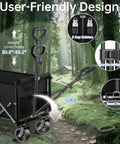 Extra Long Collapsible Utility Wagon Cart With All Terrain Wheels Heavy Duty 480 Lb Haul Capacity in a forest setting