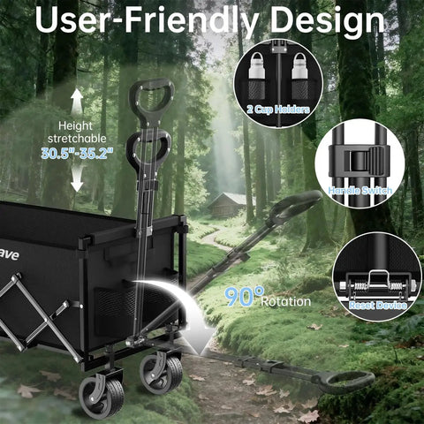 Extra Long Collapsible Utility Wagon Cart With All Terrain Wheels Heavy Duty 480 Lb Haul Capacity in a forest setting