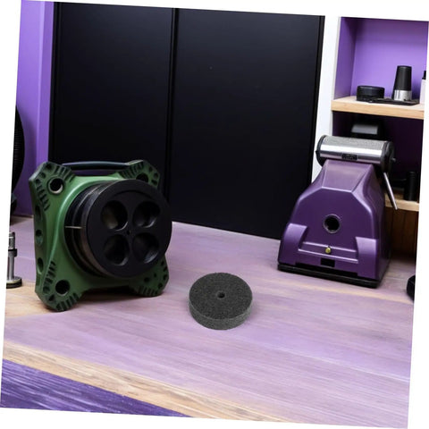 Six Pack Nylon Polishing Wheel Discs With 10 Mm Hole For Metal Finishing And Furniture Burnishing, Fast Uniform Abrasive Action Sanding Buffing Tool on workbench.