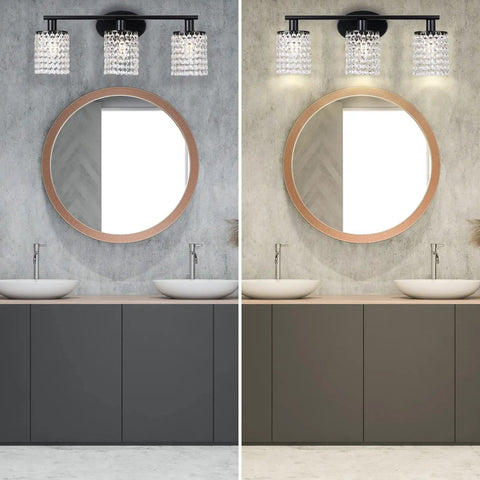Gold Crystal 3 Light Vanity Light Over Mirror, Modern Bathroom Fixture With Durable Metal Construction in bathroom setting