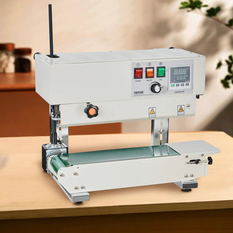 Continuous Band Sealer Machine With Digital Temperature Control 600W Carbon Steel Build on tabletop in a workshop setting