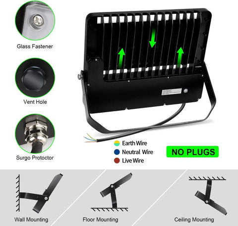 Back view of 240W Outdoor LED Flood Light with mounting options, showing vent hole, surge protector, glass fastener, and wiring.