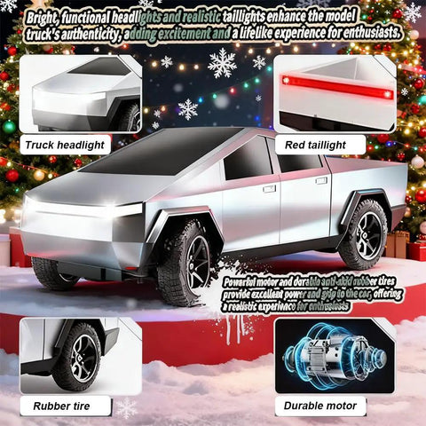 Illustration of Remote Control Truck Toy With Light Effects, 2.4GHz 2WD RC Car With Dual Motors, showing features like headlights and tires.