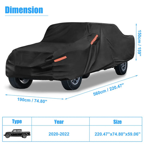 Jeep Gladiator JT Truck Car Cover 2020 2024 Outdoor Waterproof Shield Sun Rain Dust Wind Snow Black Heavy Duty, dimensions shown