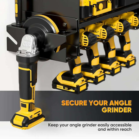 Power Tool Organizer Wall Mount With Charging Station And 8 Outlet Power Strip Pro Grade Heavy Duty Metal Tool Rack displaying drills and angle grinder.