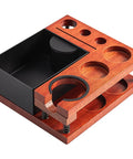 Killer Solid Wood Coffee Tamping Station And Knock Box Organizer Features Double Layer Storage For Portafilters Grounds Catcher And Smooth Daily Grind Routine, showing oak wood design with black knock box.