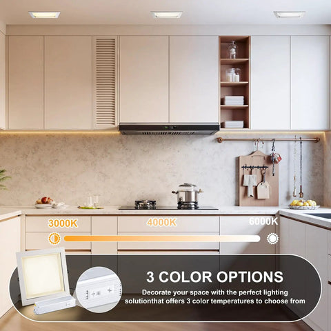 HITOO 8 Inch Square Recessed Ceiling Light, 3CCT, Dimmable, White, 2 Pack installed in modern kitchen with three color options.