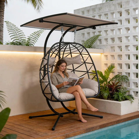 Double Hanging Egg Chair With Canopy And Stand For Two People, Outdoor Rattan Hammock Swing Chair With 700 Lbs Capacity by pool